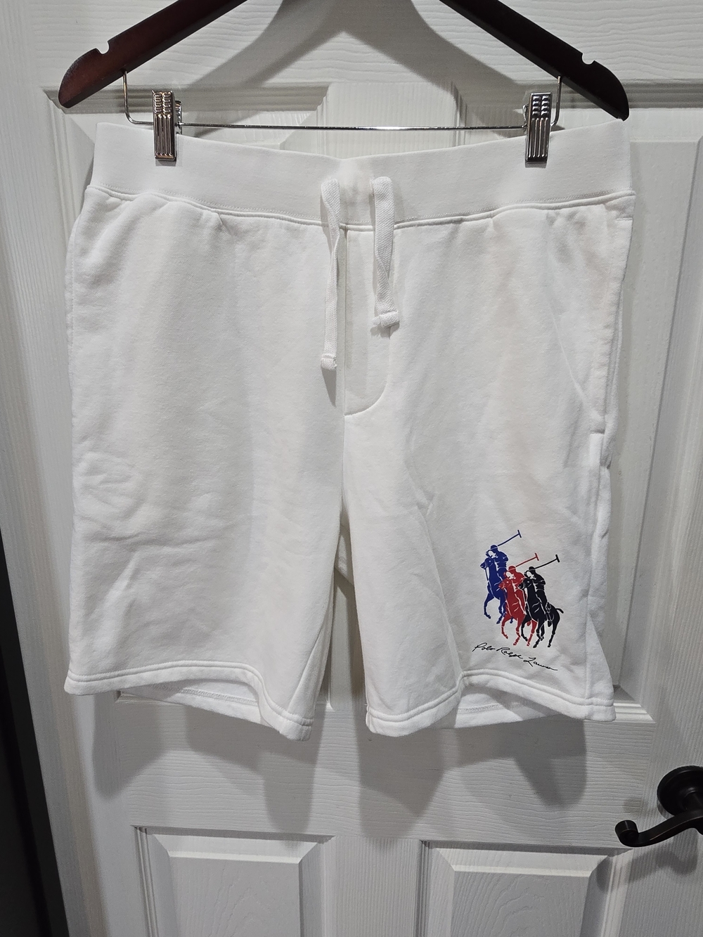 Polo by Ralph Lauren White Cotton Drawstring Athletic Shorts with Tri-Color Logo